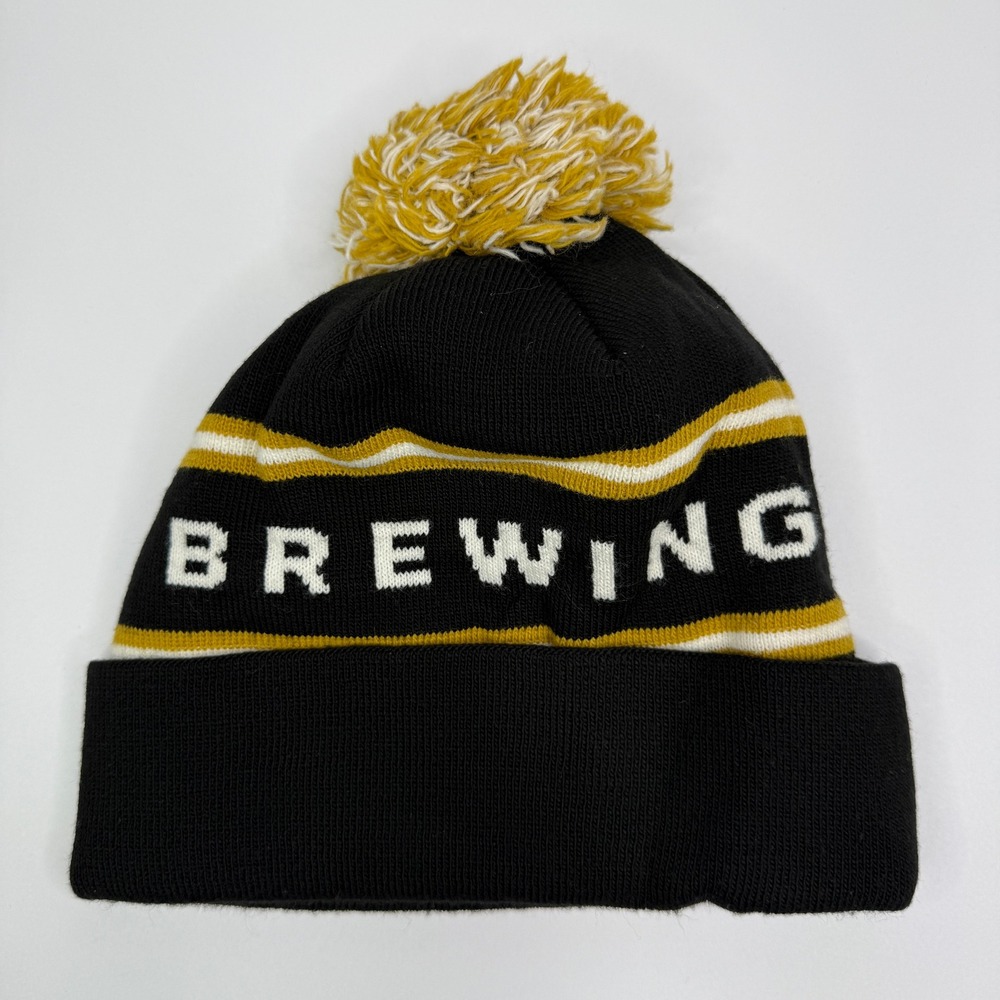 Pryes Brewing Beanie Mens OSFM Black Gold Striped Pom Pom Knit Hat Craft Beer